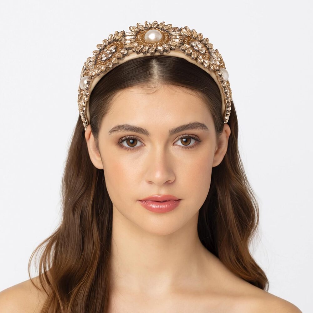 4462 Baroque Crystal Flower Headband Big Wide Chunky Rhinestone Bead - Picture 3 of 6